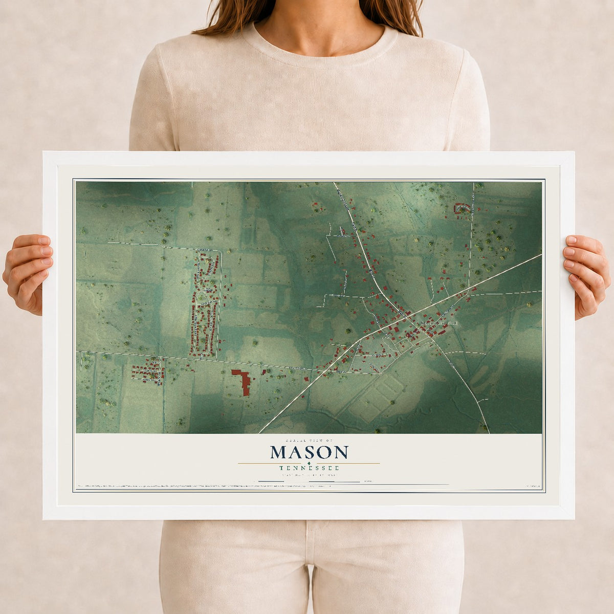 Map of Mason, Tennessee, 12 x 18 inch print in a white wood frame
