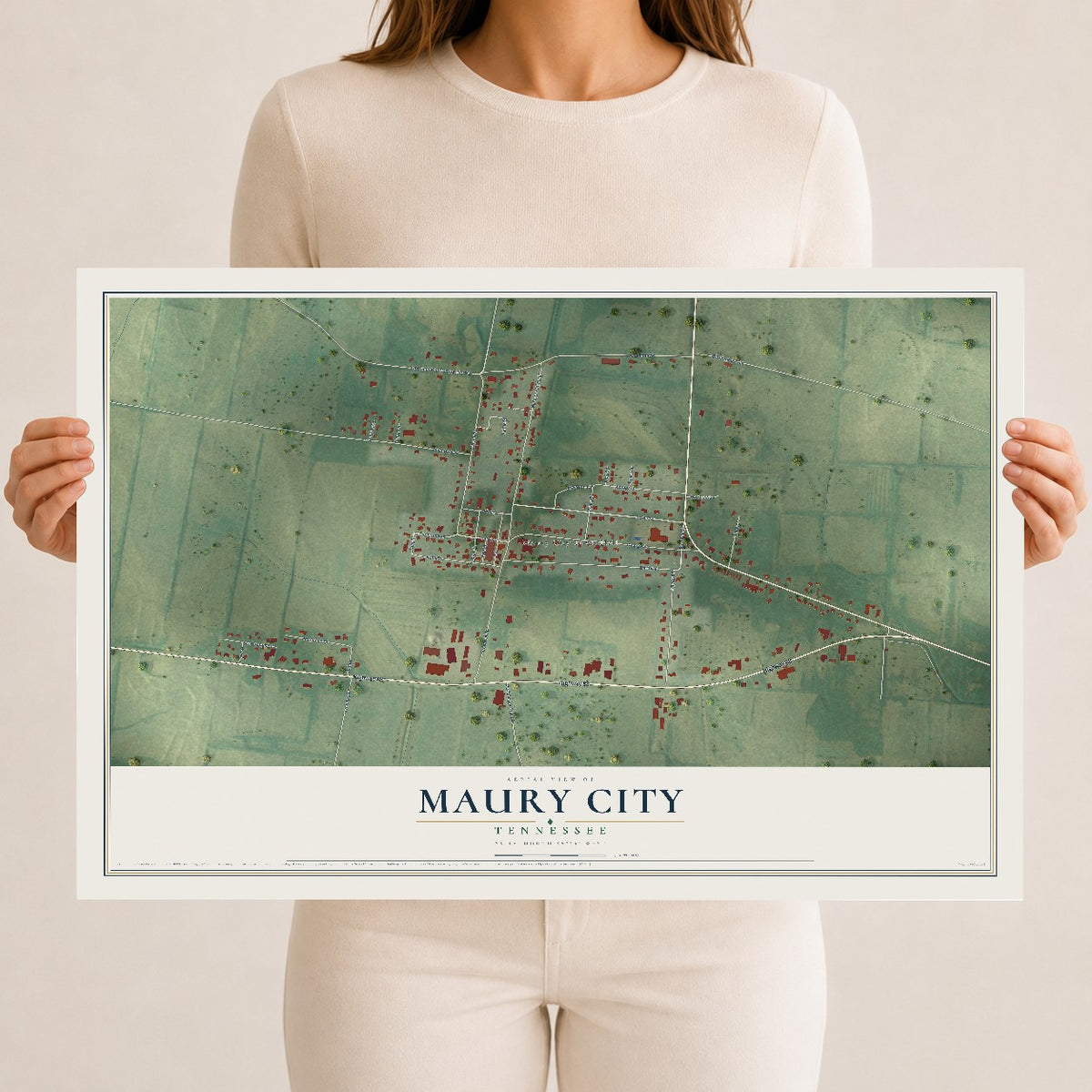 Map of Maury City, Tennessee, 12 x 18 inch unframed archival matte print