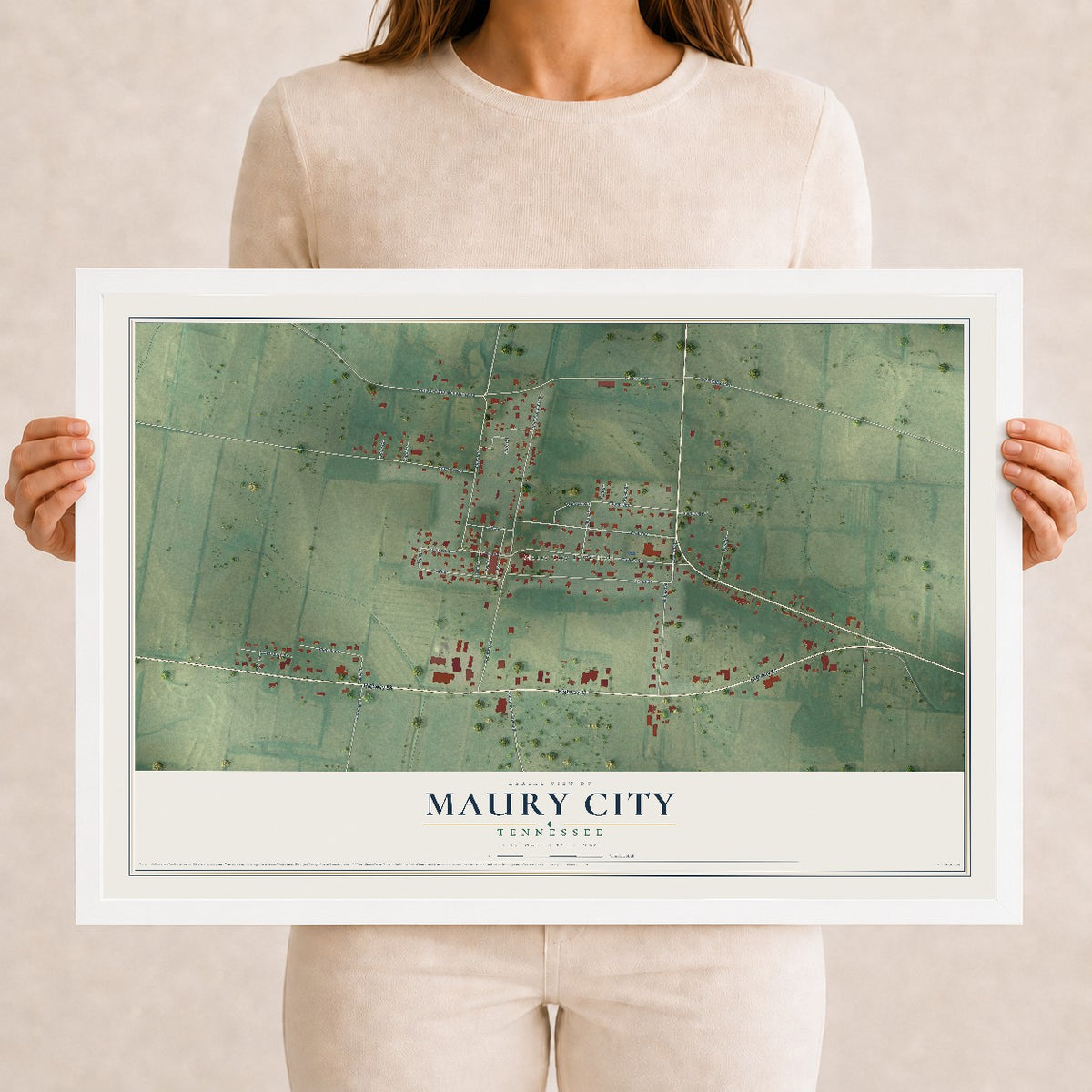 Map of Maury City, Tennessee, 12 x 18 inch print in a white wood frame