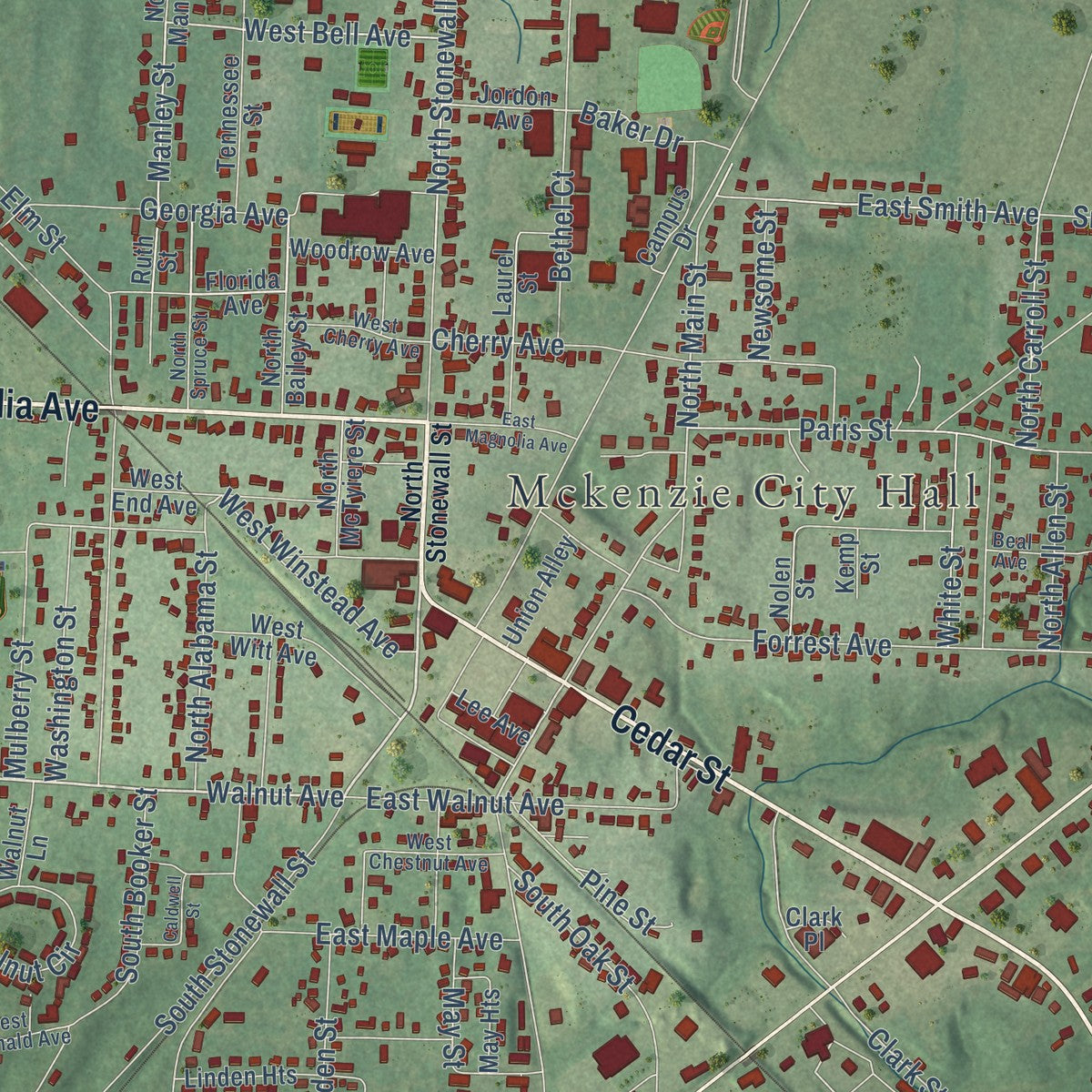 Close-up of the map of McKenzie, Tennessee print showing street and building detail