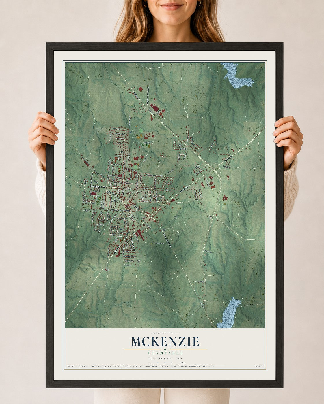 Map of McKenzie, Tennessee, 24 x 36 inch print in a black wood frame