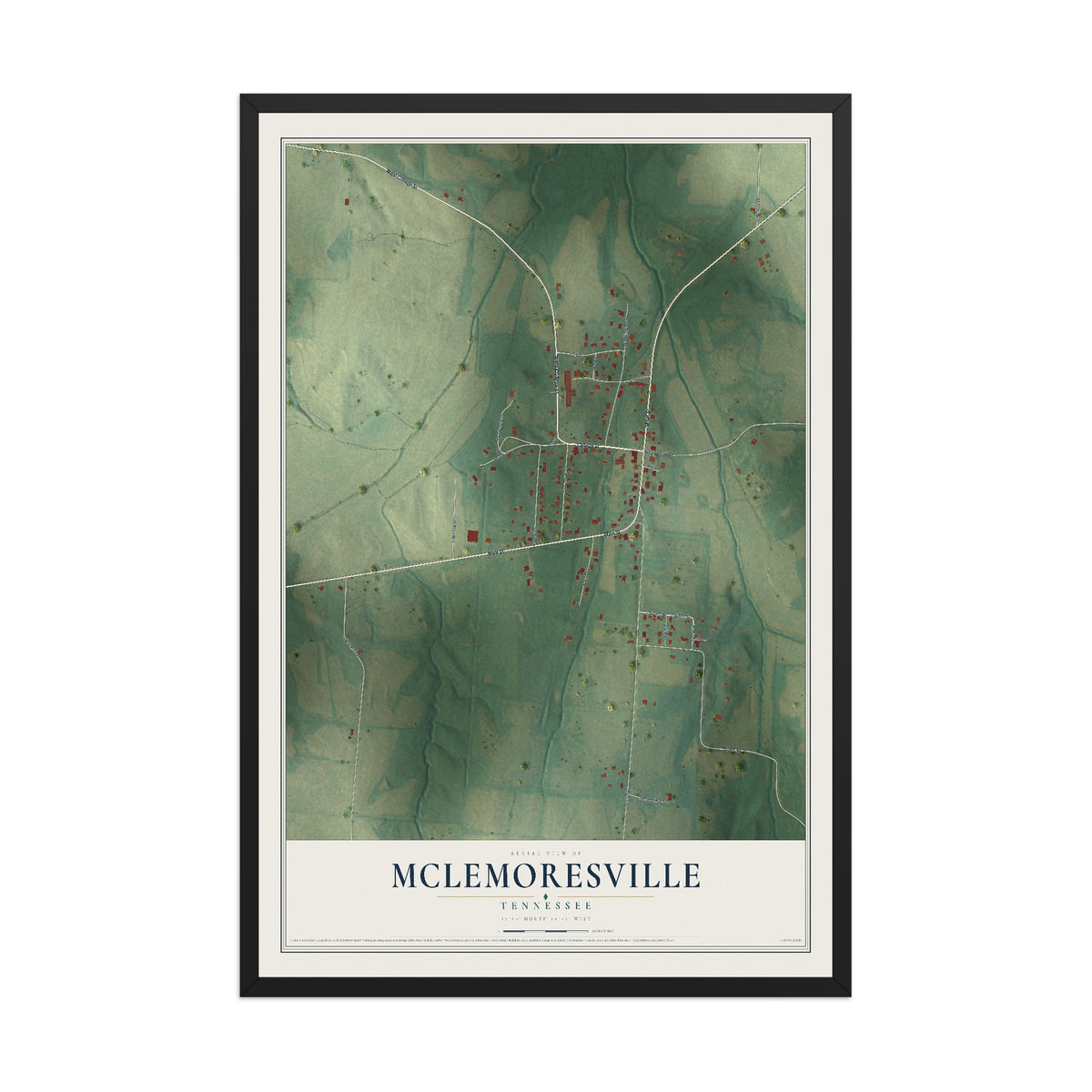 Map of McLemoresville, Tennessee, 12 x 18 inch print in a black wood frame