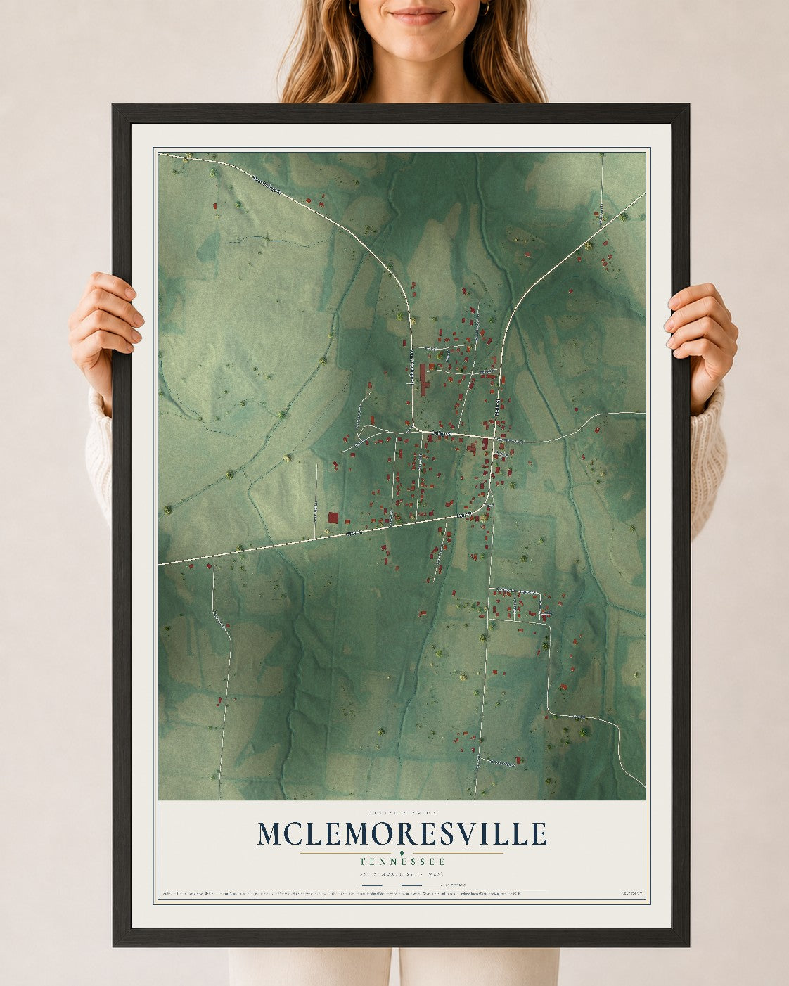 Map of McLemoresville, Tennessee, 24 x 36 inch print in a black wood frame