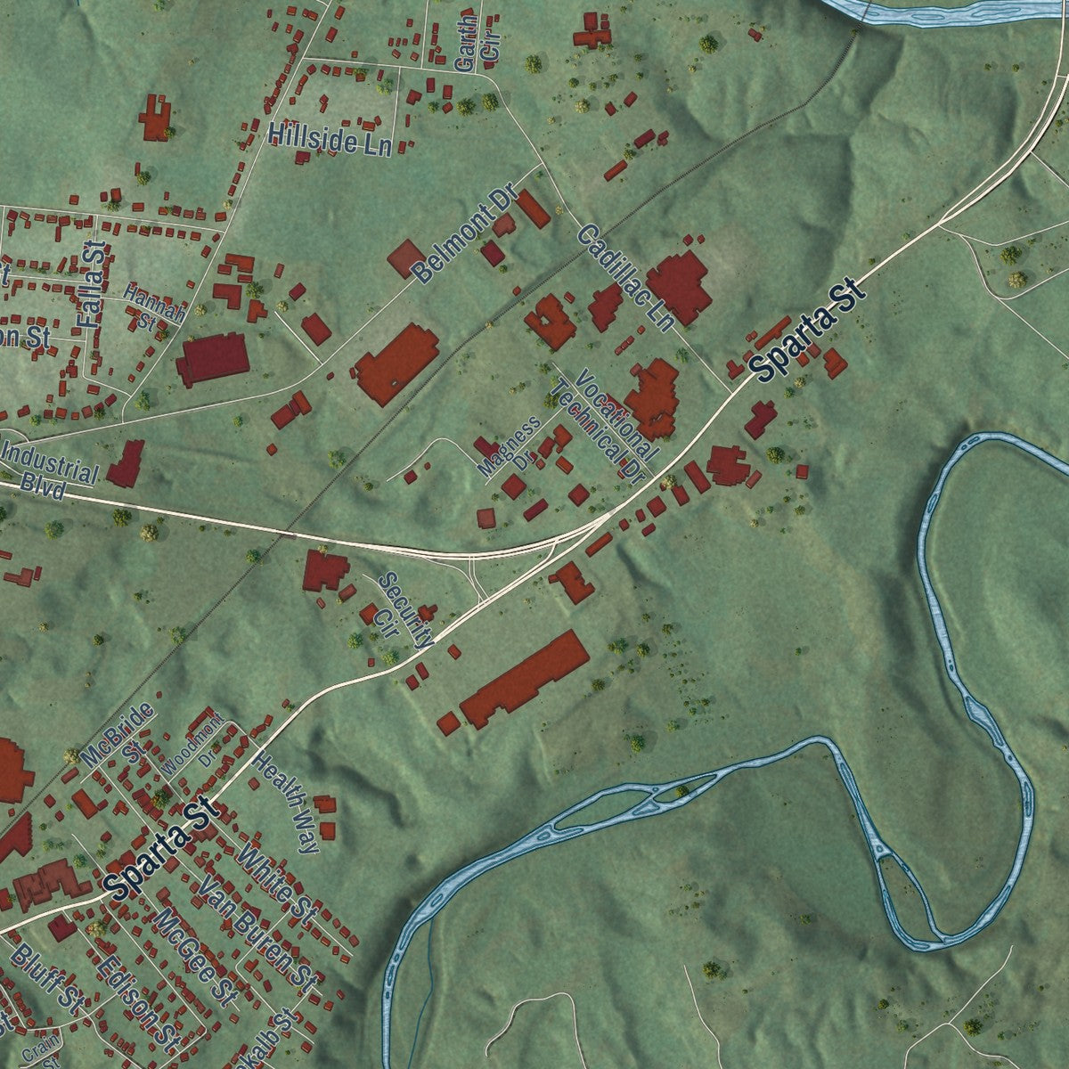 Second close-up of the map of McMinnville, Tennessee print showing more streets and buildings