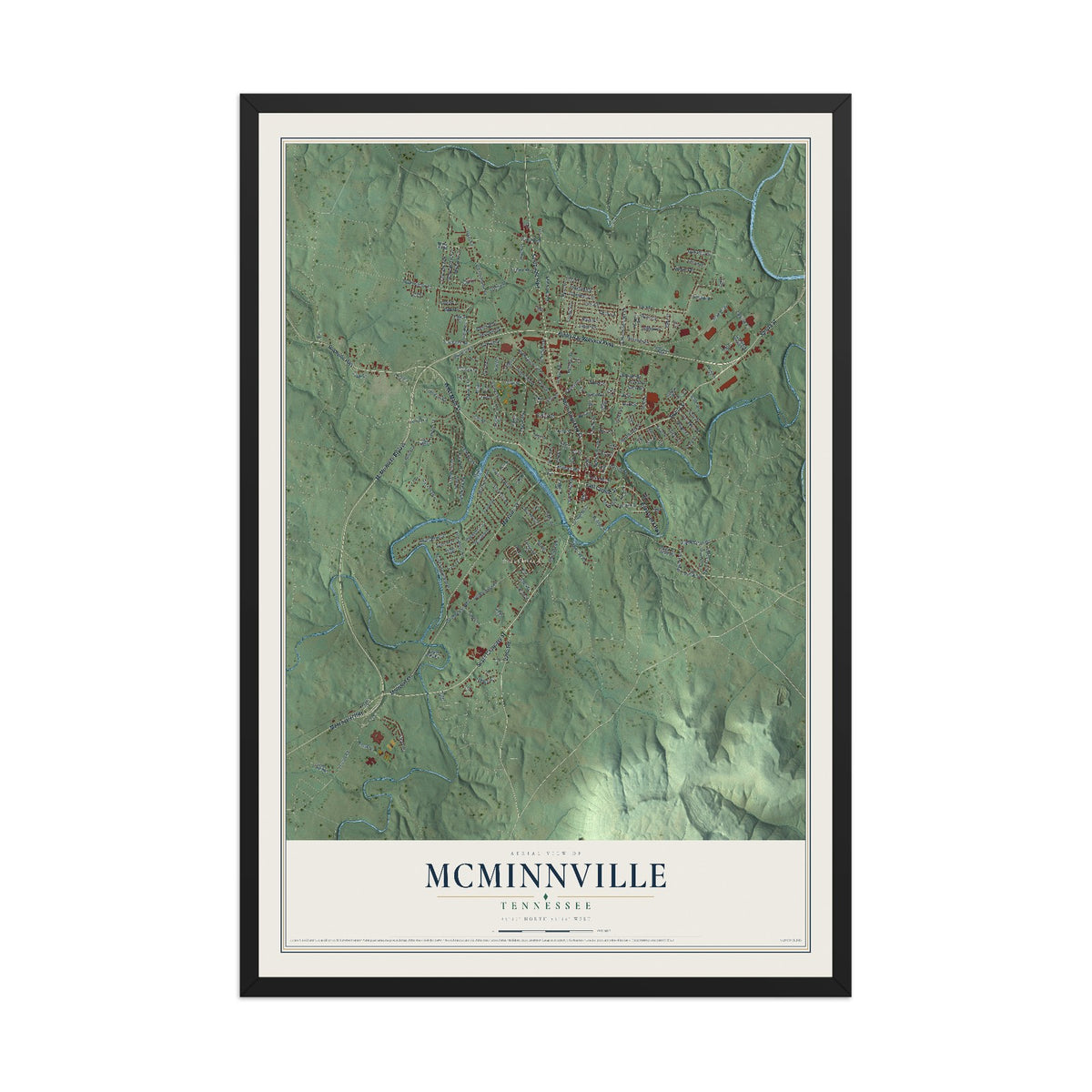 Map of McMinnville, Tennessee, 12 x 18 inch print in a black wood frame