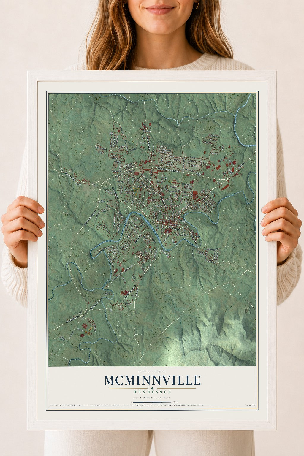 Map of McMinnville, Tennessee, 18 x 24 inch print in a white wood frame