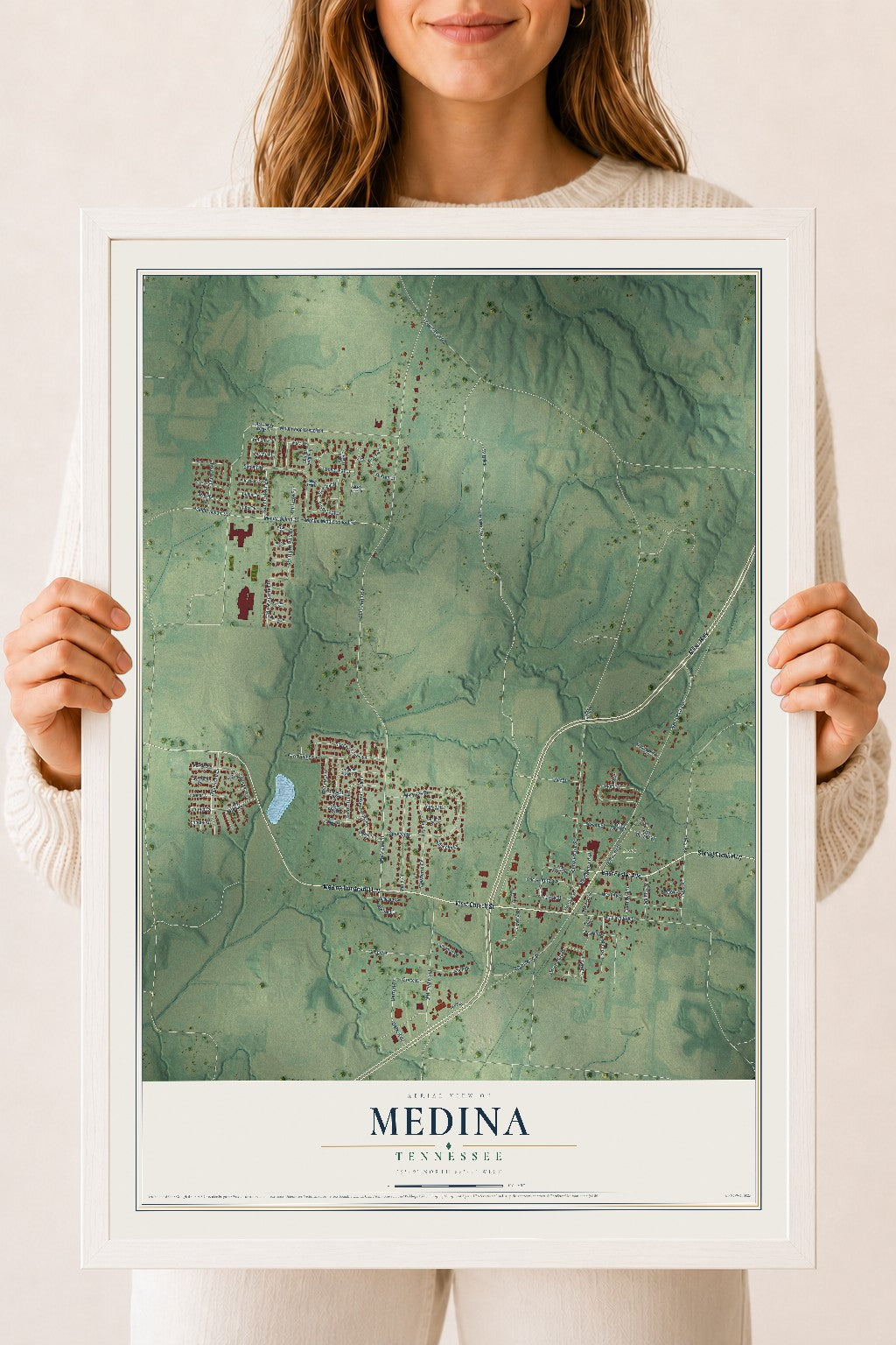 Map of Medina, Tennessee, 18 x 24 inch print in a white wood frame