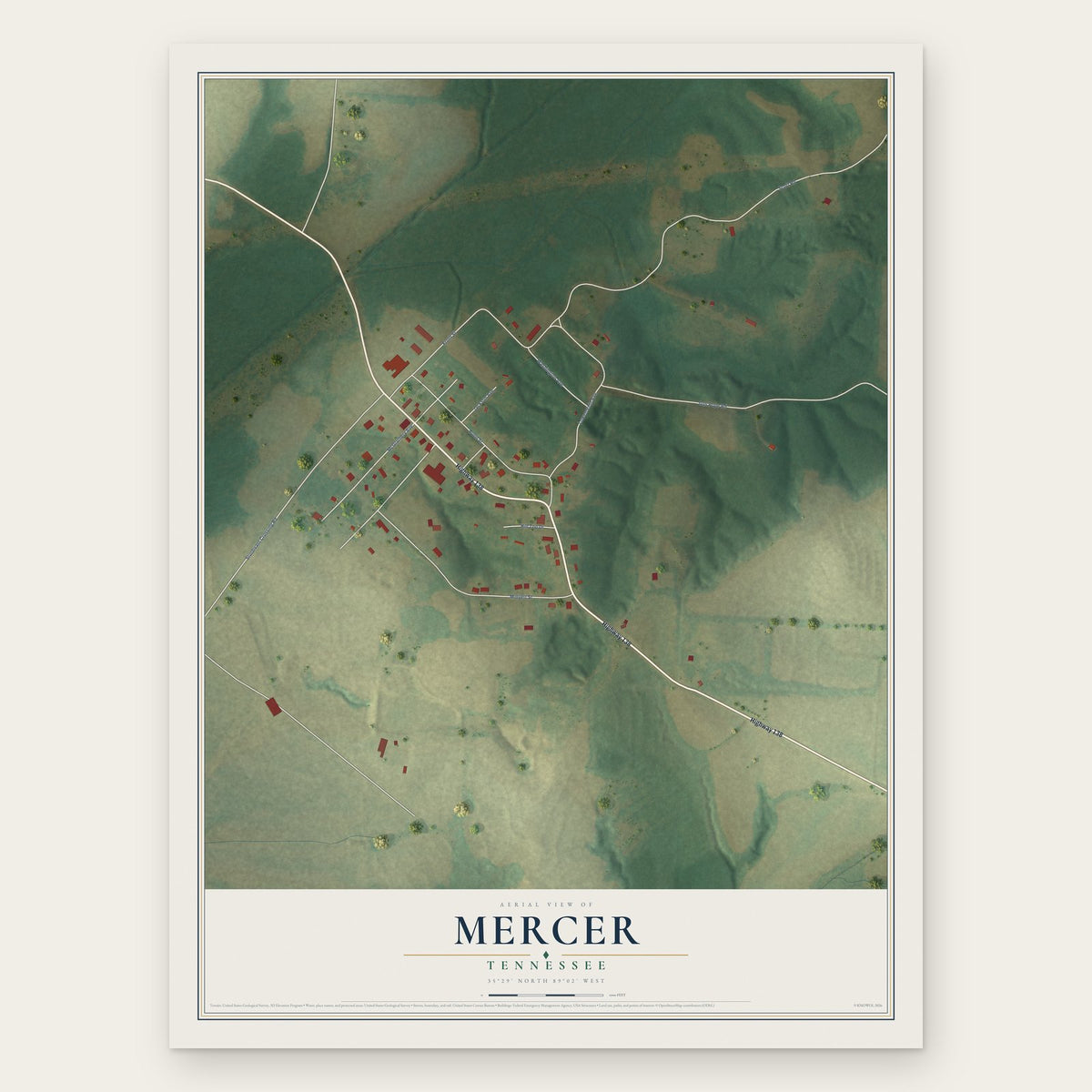 Mercer, Tennessee map print, the full design