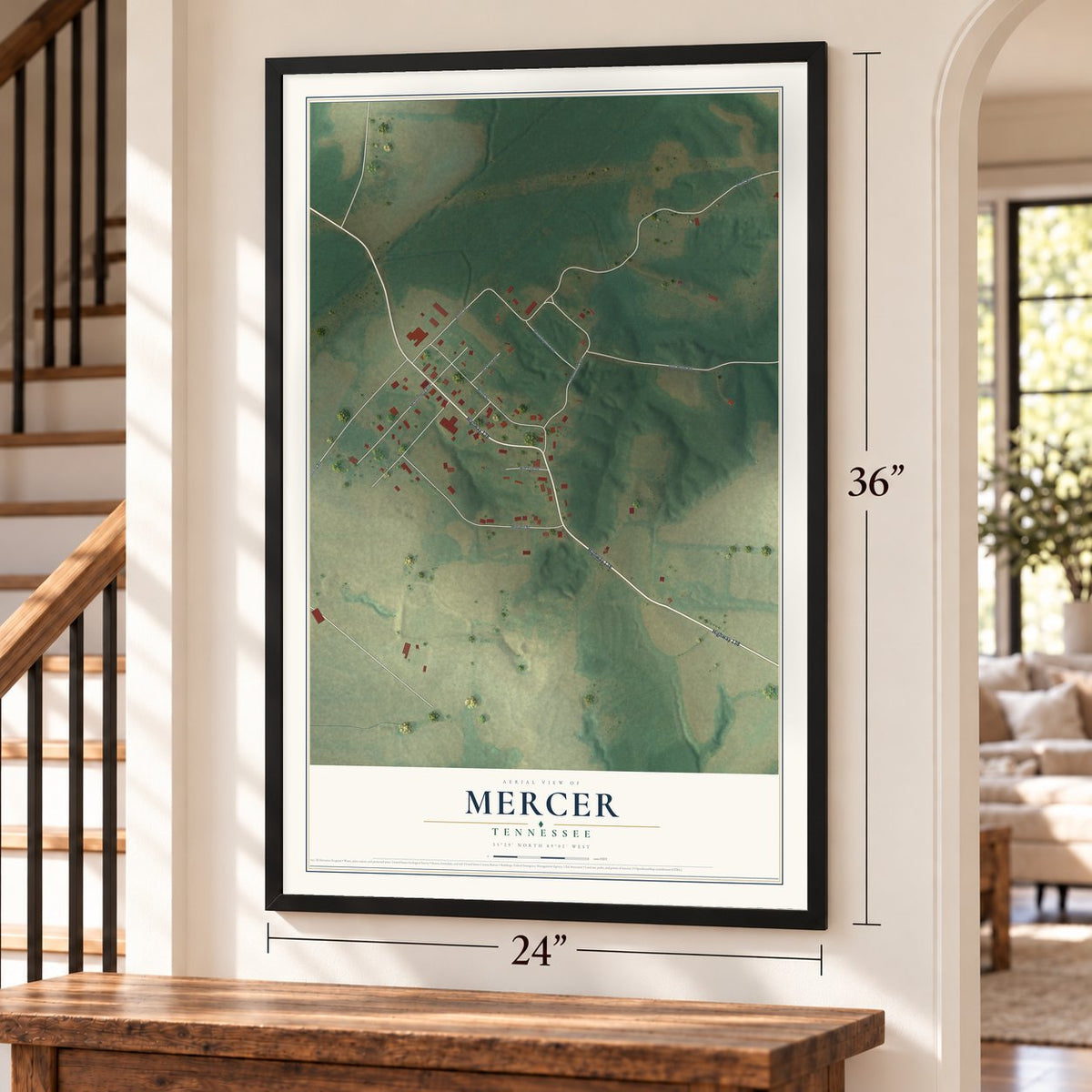 Mercer, Tennessee map, 24 x 36 inch print in a black frame by a staircase