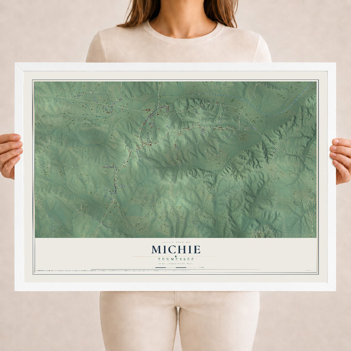 Map of Michie, Tennessee, 18 x 24 inch print in a white wood frame