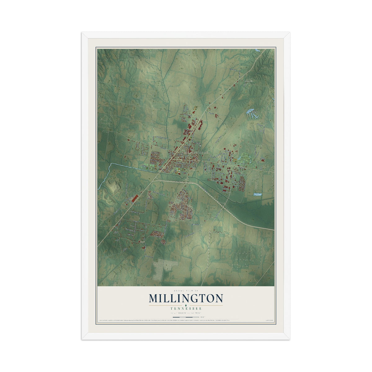 Map of Millington, Tennessee, 12 x 18 inch print in a white wood frame