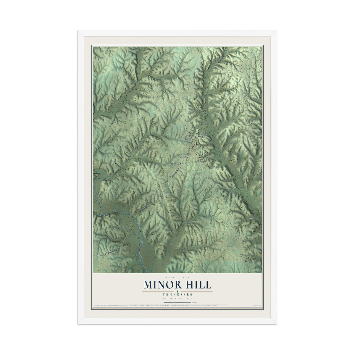 Map of Minor Hill, Tennessee, 12 x 18 inch print in a white wood frame