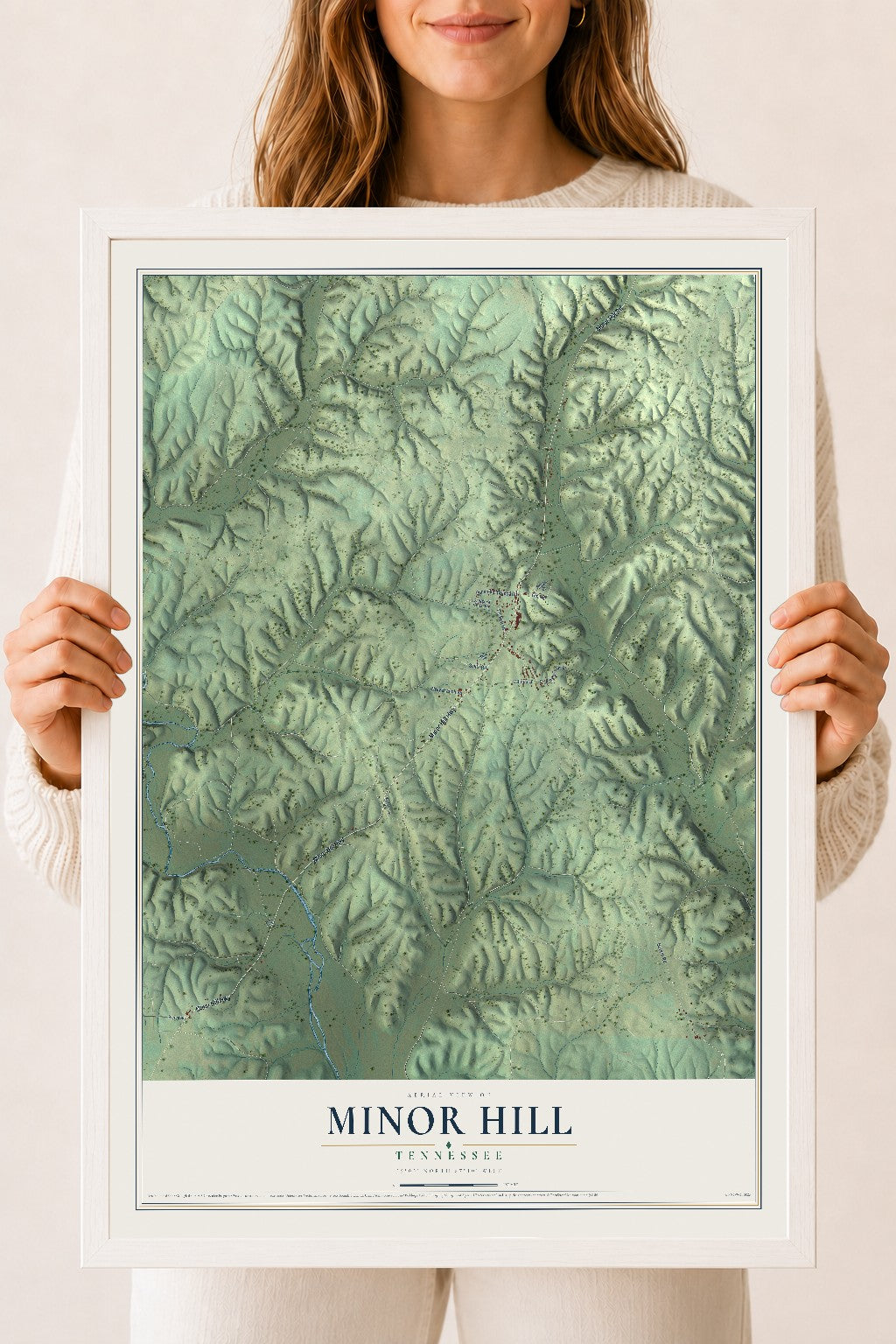 Map of Minor Hill, Tennessee, 18 x 24 inch print in a white wood frame