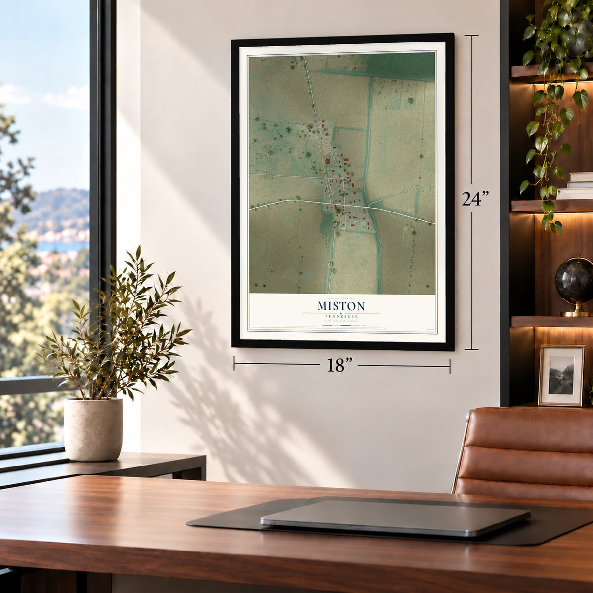 Miston, Tennessee map, 18 x 24 inch print in a black frame in a home office