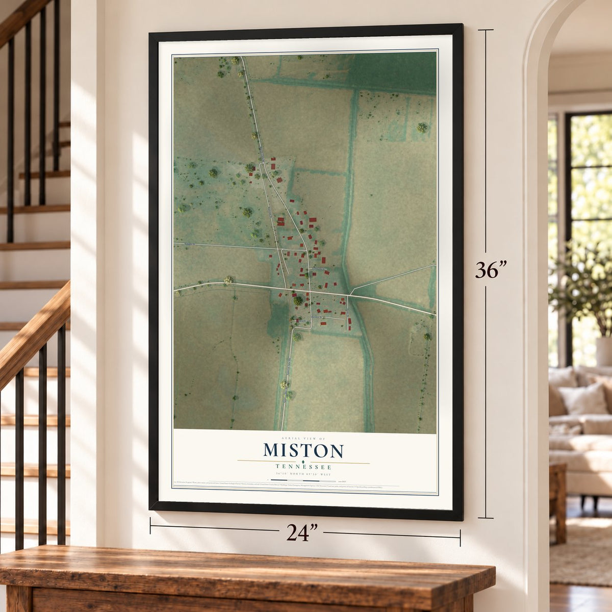Miston, Tennessee map, 24 x 36 inch print in a black frame by a staircase