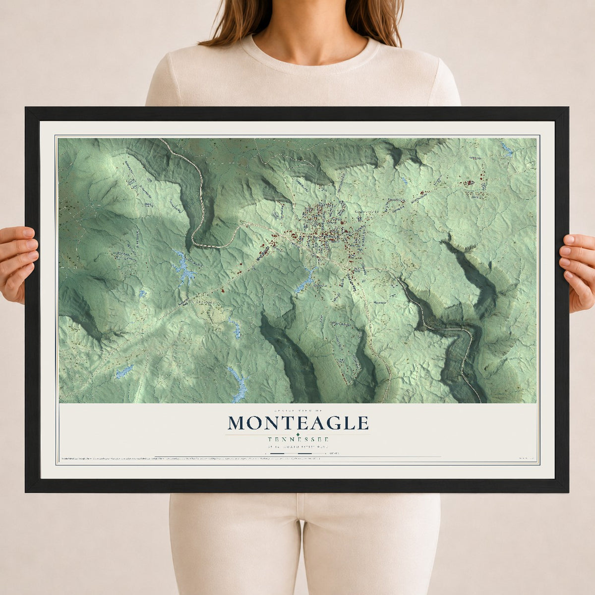 Map of Monteagle, Tennessee, 18 x 24 inch print in a black wood frame