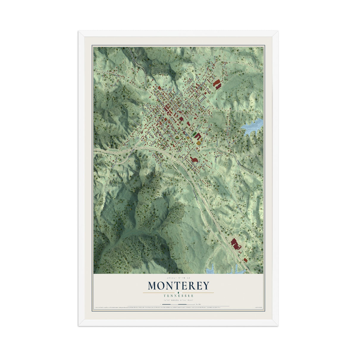 Map of Monterey, Tennessee, 12 x 18 inch print in a white wood frame