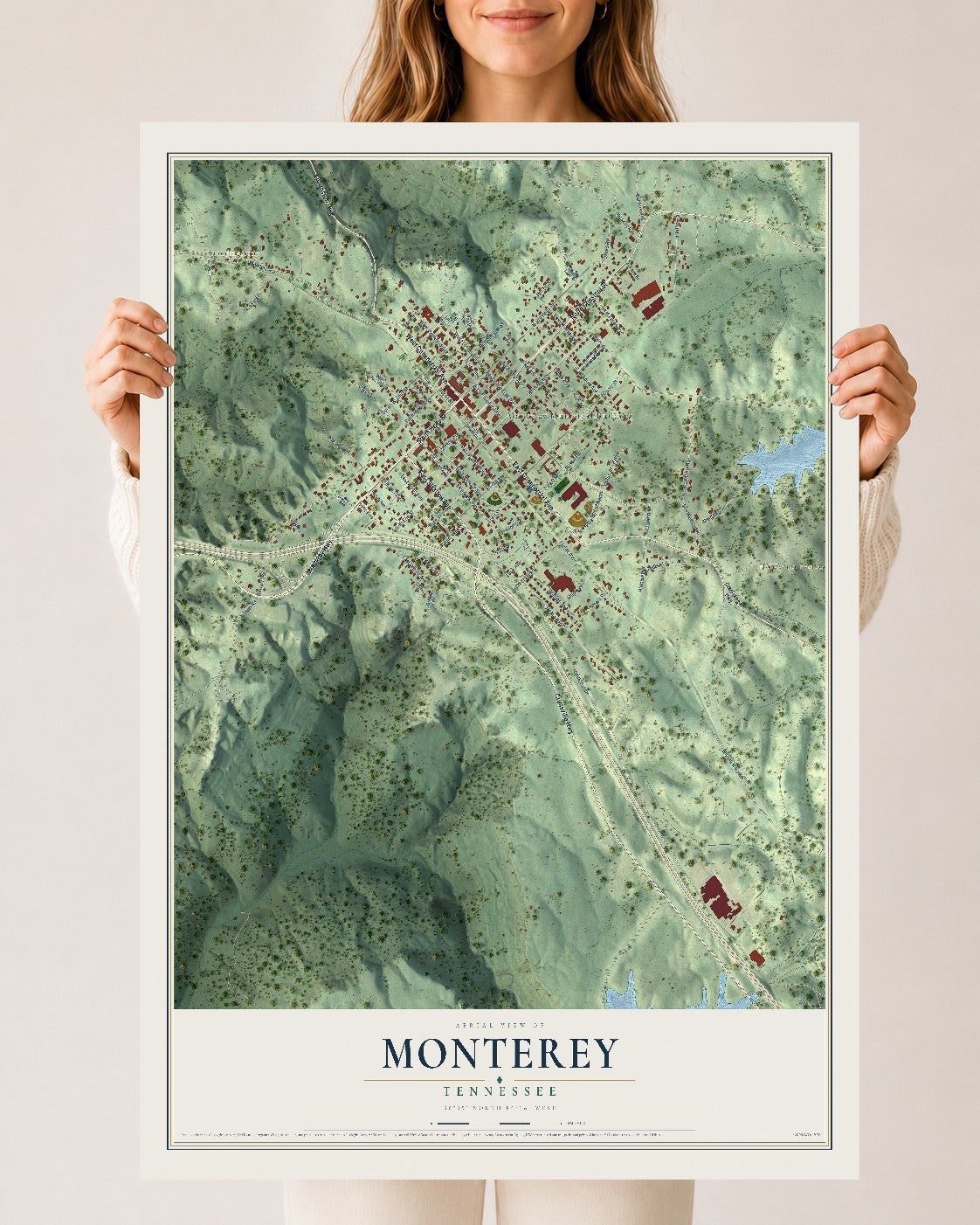 Map of Monterey, Tennessee, 24 x 36 inch unframed archival matte print