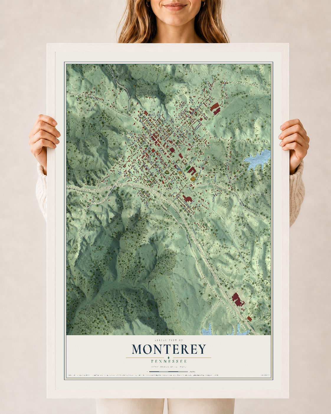 Map of Monterey, Tennessee, 24 x 36 inch print in a white wood frame