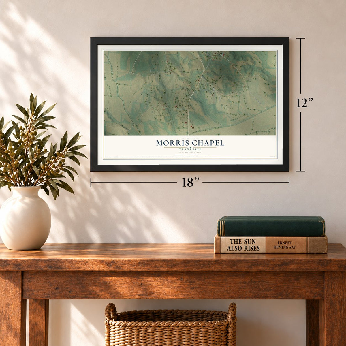 Morris Chapel, Tennessee map, 12 x 18 inch print in a black frame in an entryway