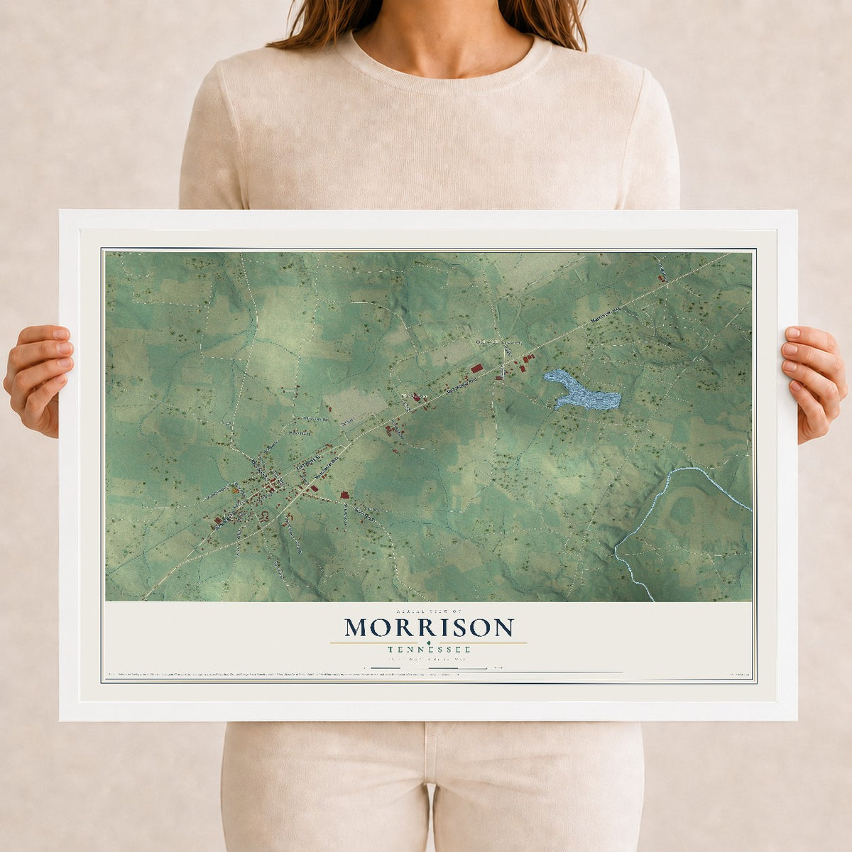 Map of Morrison, Tennessee, 12 x 18 inch print in a white wood frame