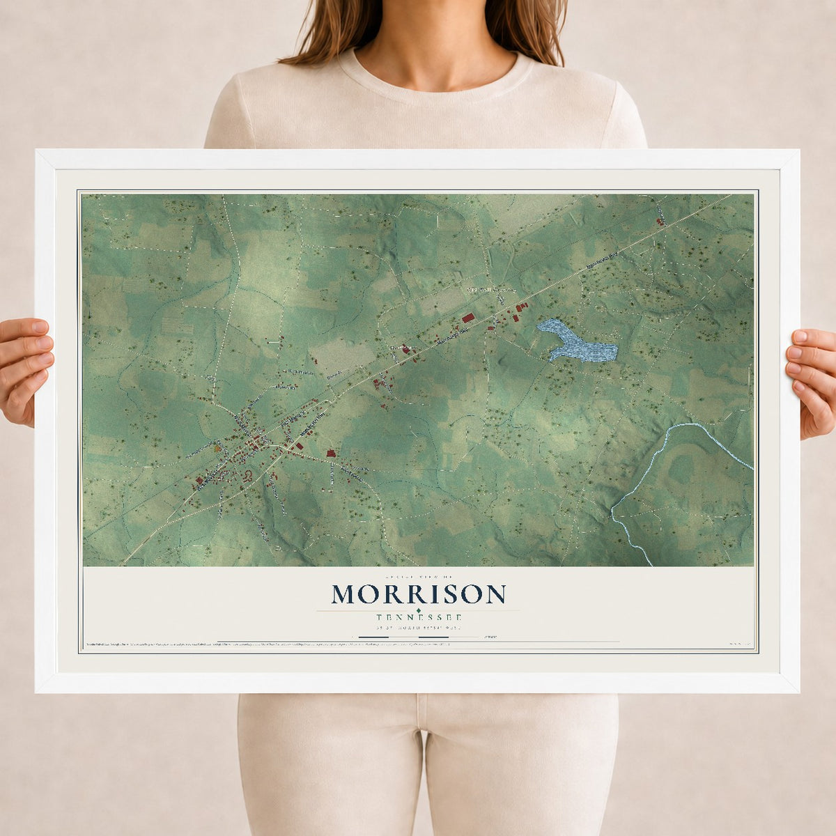 Map of Morrison, Tennessee, 18 x 24 inch print in a white wood frame