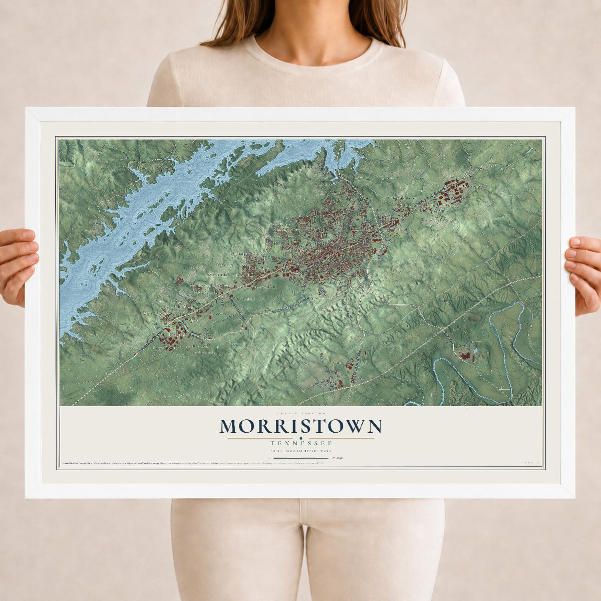 Map of Morristown, Tennessee, 18 x 24 inch print in a white wood frame