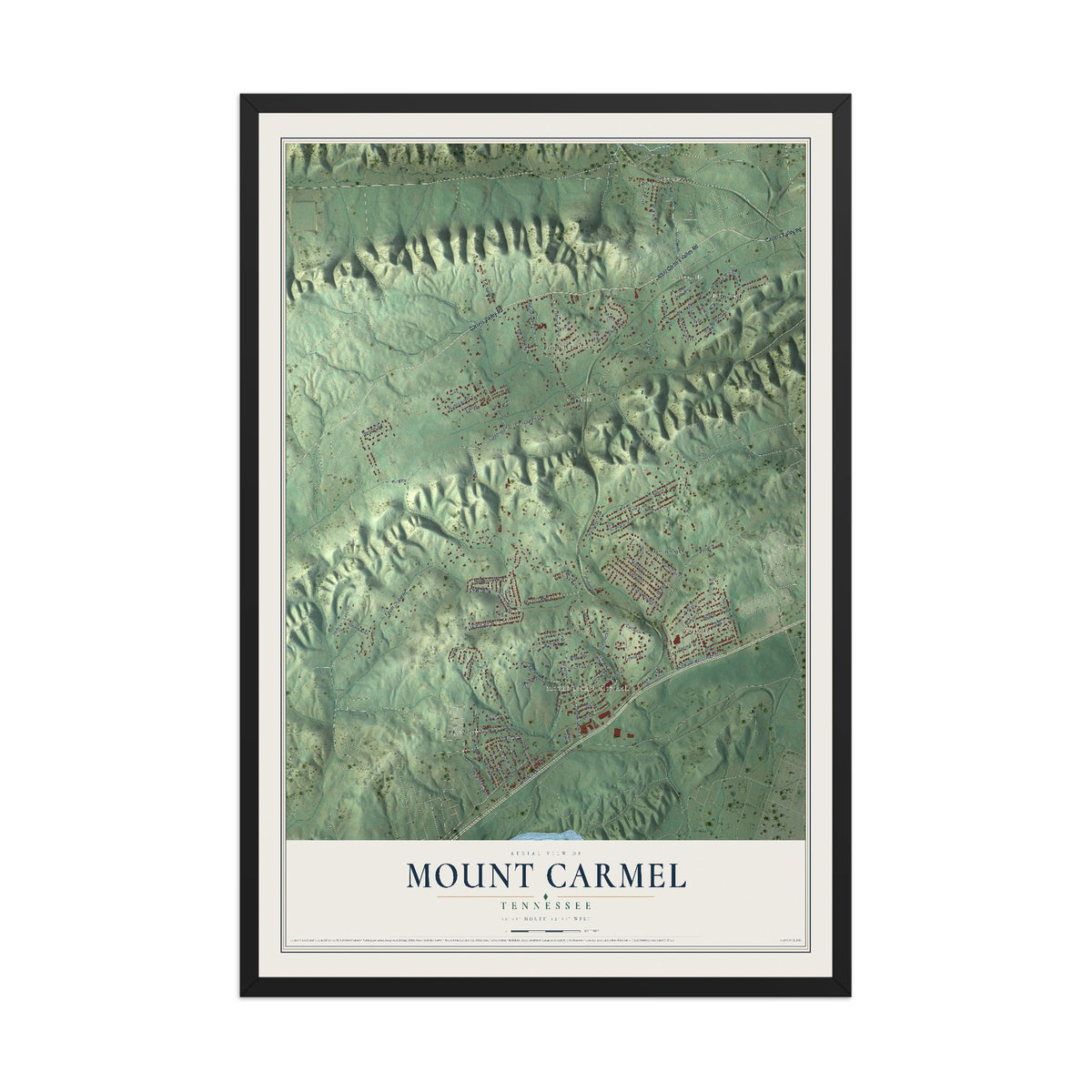 Map of Mount Carmel, Tennessee, 12 x 18 inch print in a black wood frame