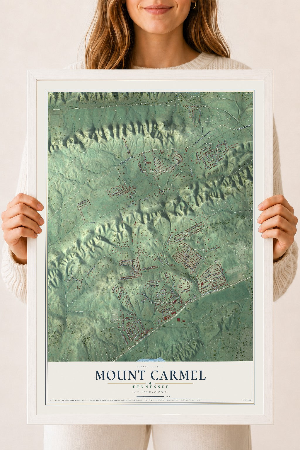 Map of Mount Carmel, Tennessee, 18 x 24 inch print in a white wood frame