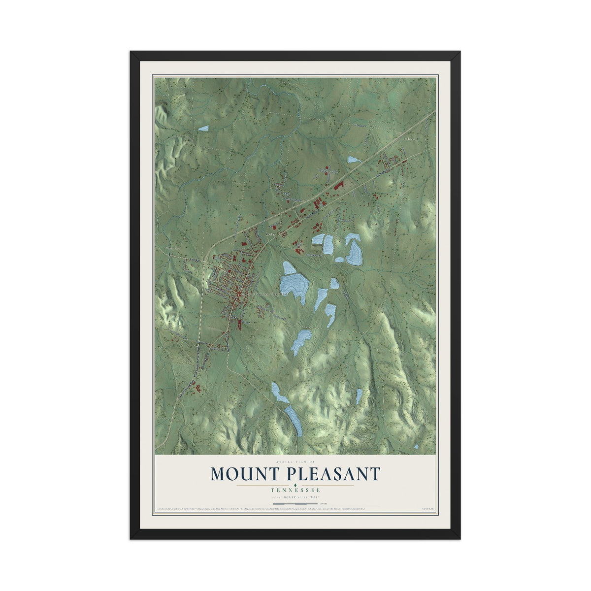 Map of Mount Pleasant, Tennessee, 12 x 18 inch print in a black wood frame