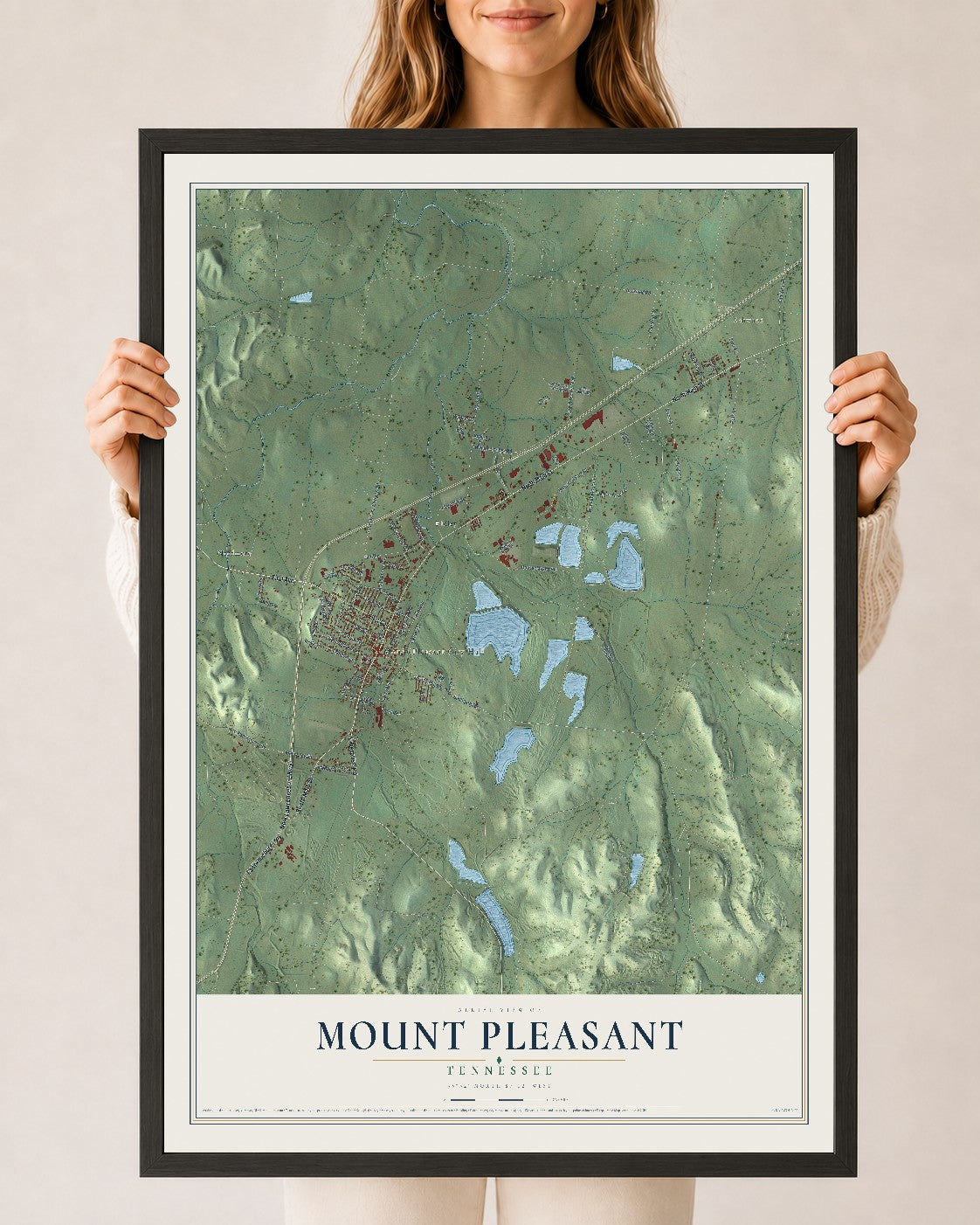 Map of Mount Pleasant, Tennessee, 24 x 36 inch print in a black wood frame