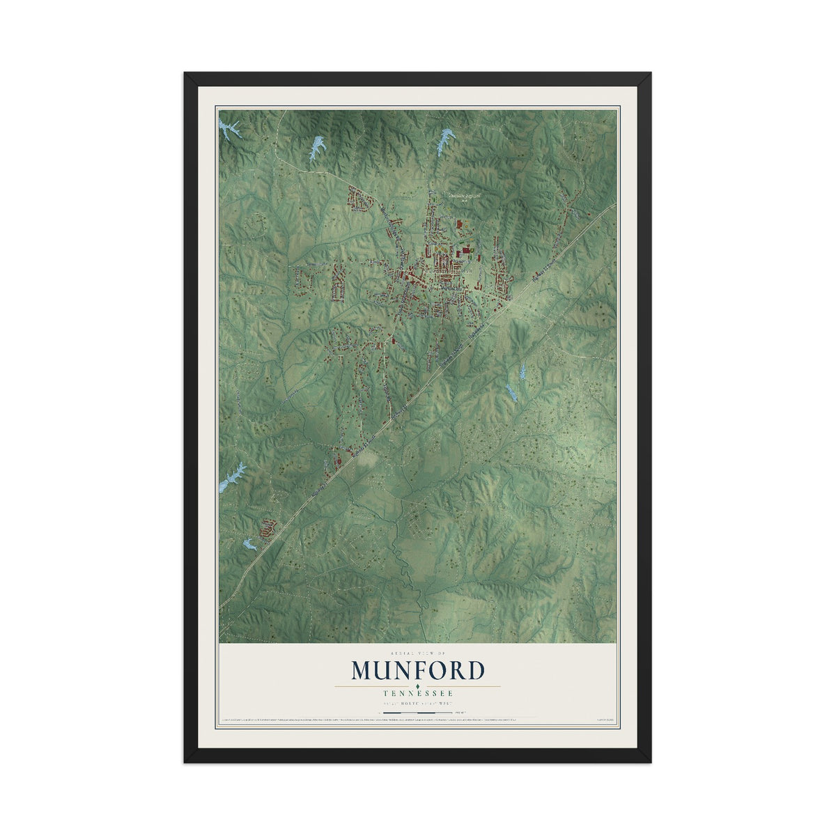 Map of Munford, Tennessee, 12 x 18 inch print in a black wood frame