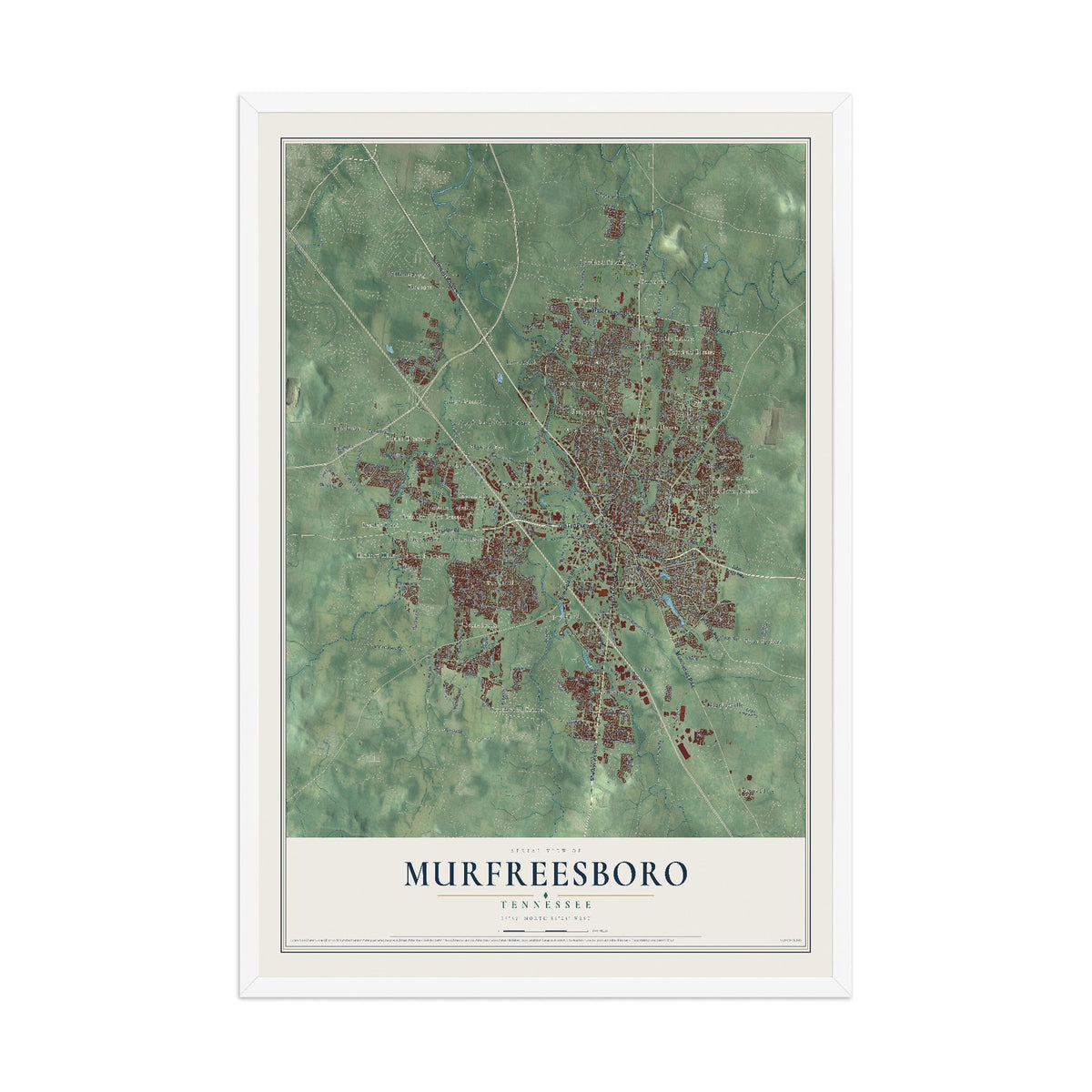 Map of Murfreesboro, Tennessee, 12 x 18 inch print in a white wood frame