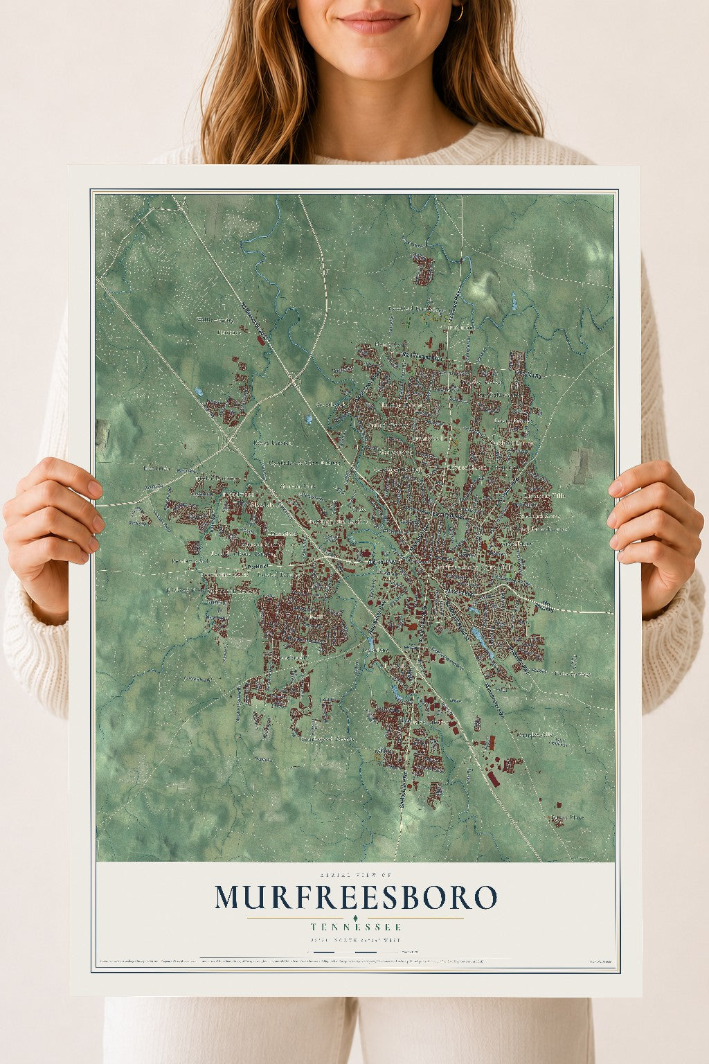 Map of Murfreesboro, Tennessee, 18 x 24 inch unframed archival matte print