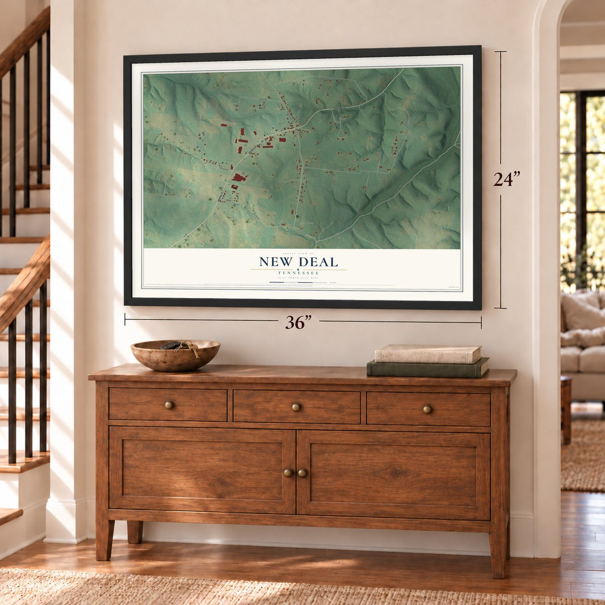 New Deal, Tennessee map, 24 x 36 inch print in a black frame above a dresser by a staircase