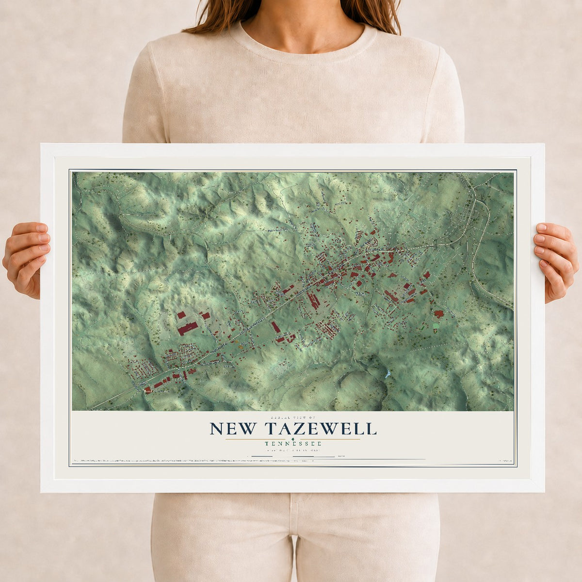 Map of New Tazewell, Tennessee, 12 x 18 inch print in a white wood frame