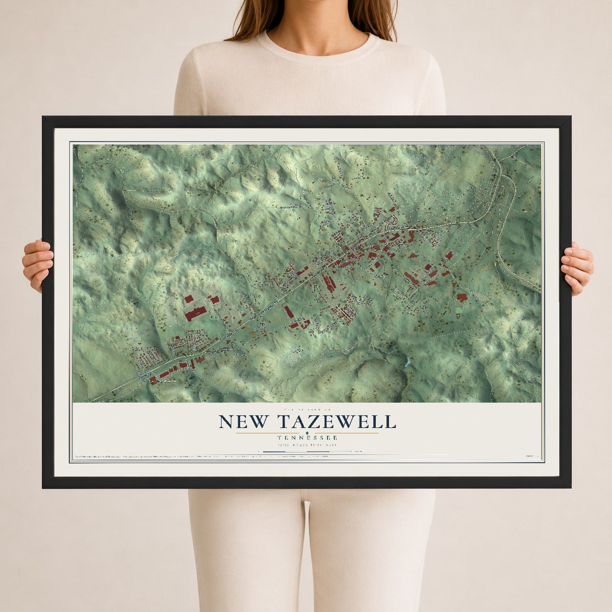Map of New Tazewell, Tennessee, 24 x 36 inch print in a black wood frame