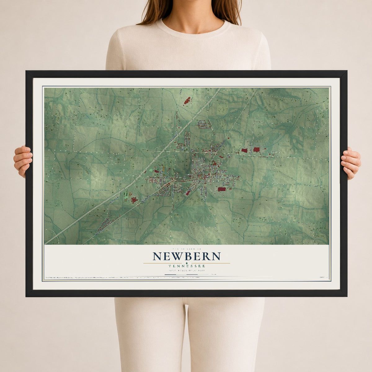Map of Newbern, Tennessee, 24 x 36 inch print in a black wood frame