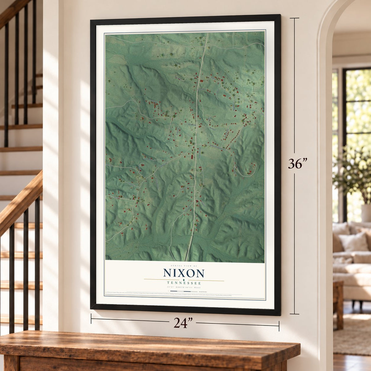 Nixon, Tennessee map, 24 x 36 inch print in a black frame by a staircase