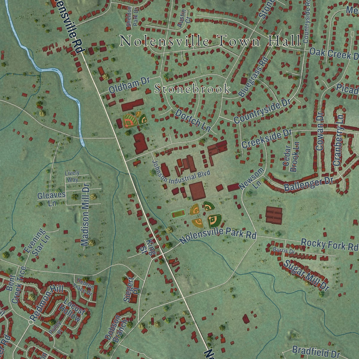 Close-up of the map of Nolensville, Tennessee print showing street and building detail