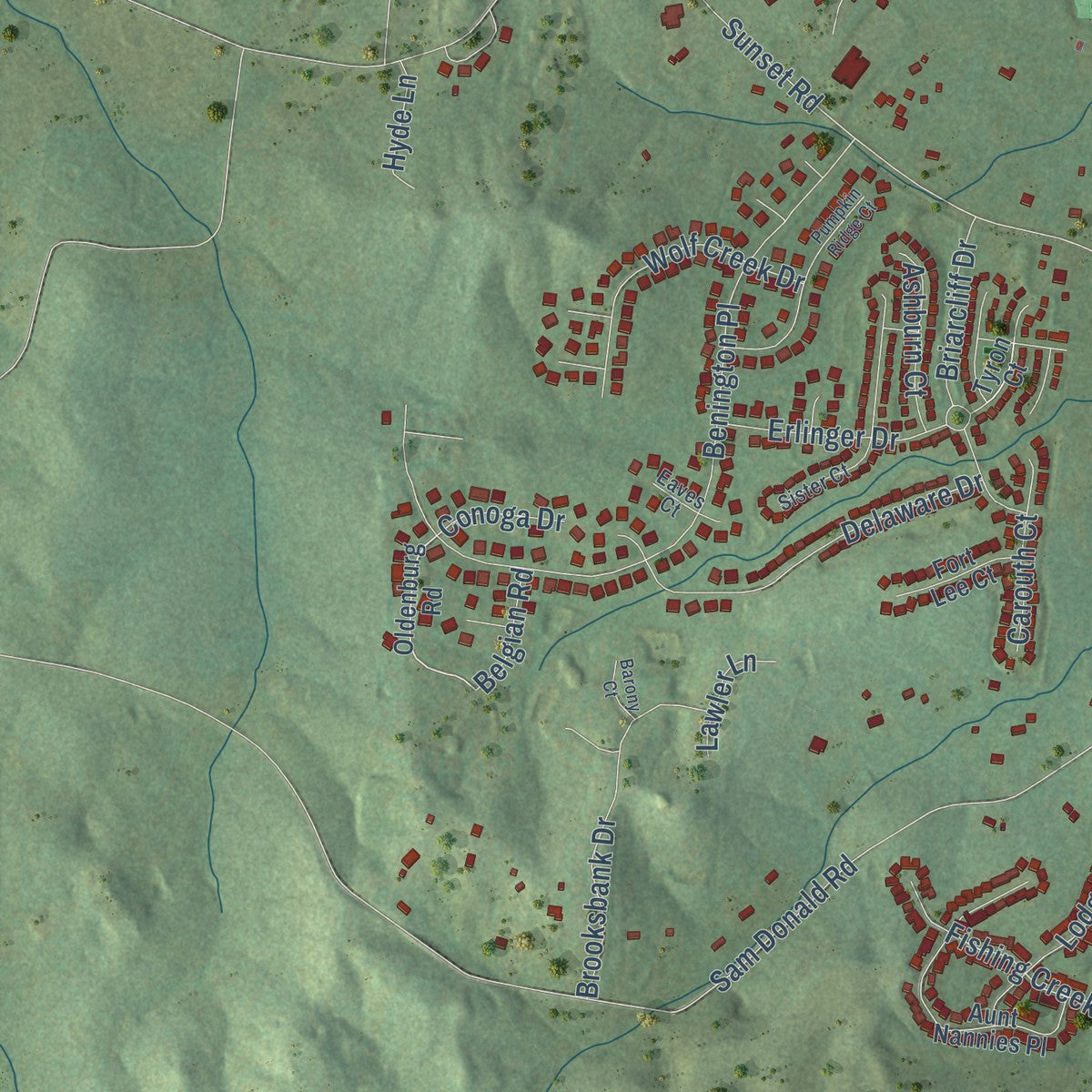 Second close-up of the map of Nolensville, Tennessee print showing more streets and buildings