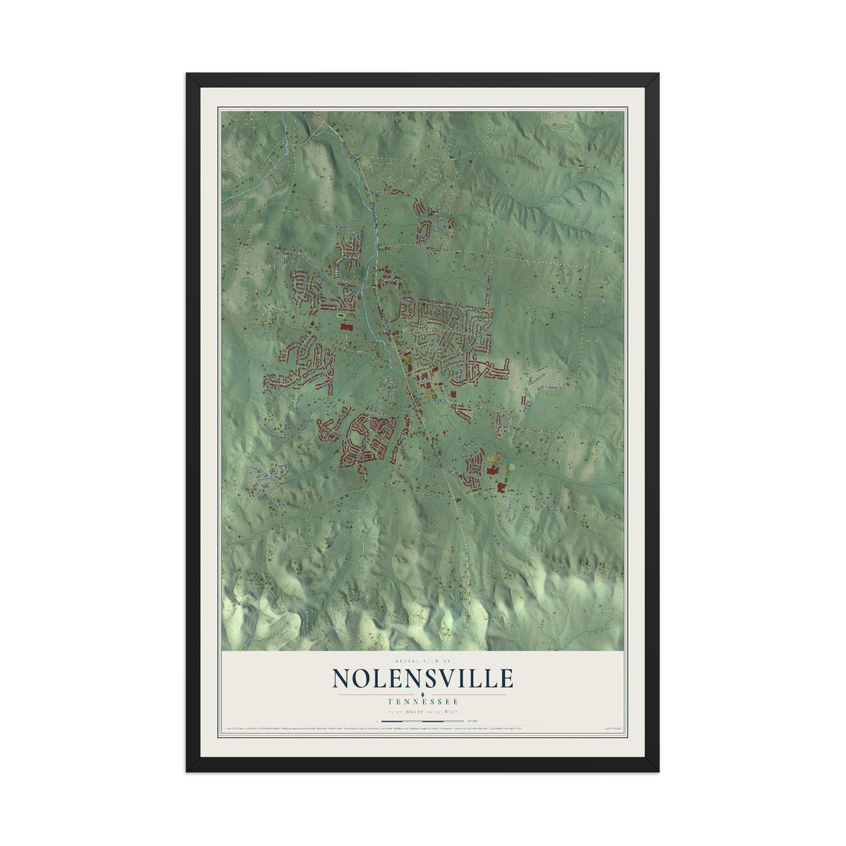 Map of Nolensville, Tennessee, 12 x 18 inch print in a black wood frame