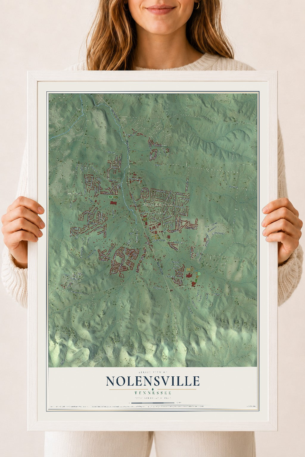 Map of Nolensville, Tennessee, 18 x 24 inch print in a white wood frame