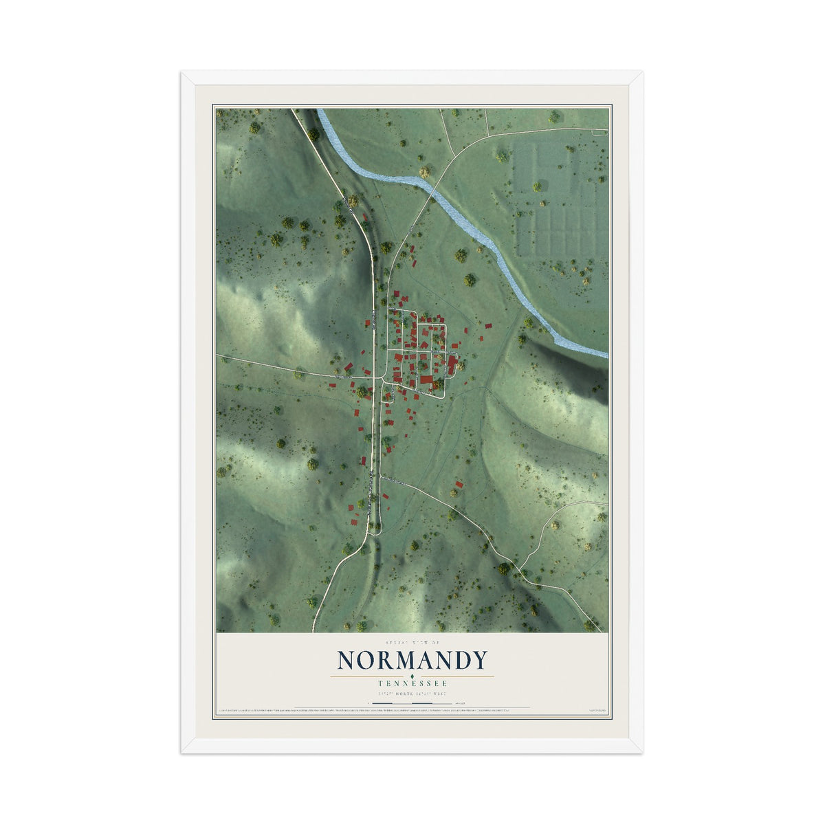 Map of Normandy, Tennessee, 12 x 18 inch print in a white wood frame