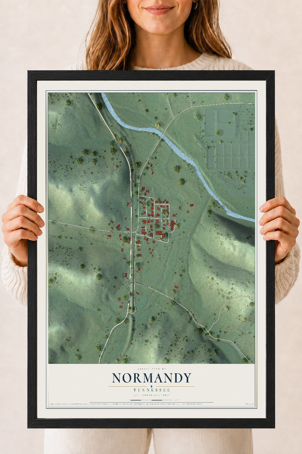 Map of Normandy, Tennessee, 18 x 24 inch print in a black wood frame