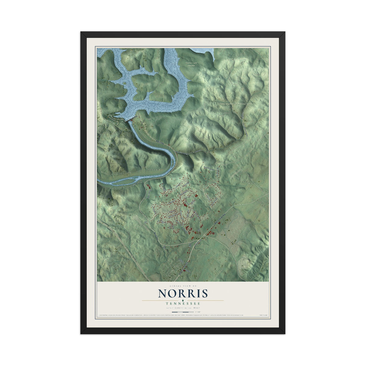 Map of Norris, Tennessee, 12 x 18 inch print in a black wood frame