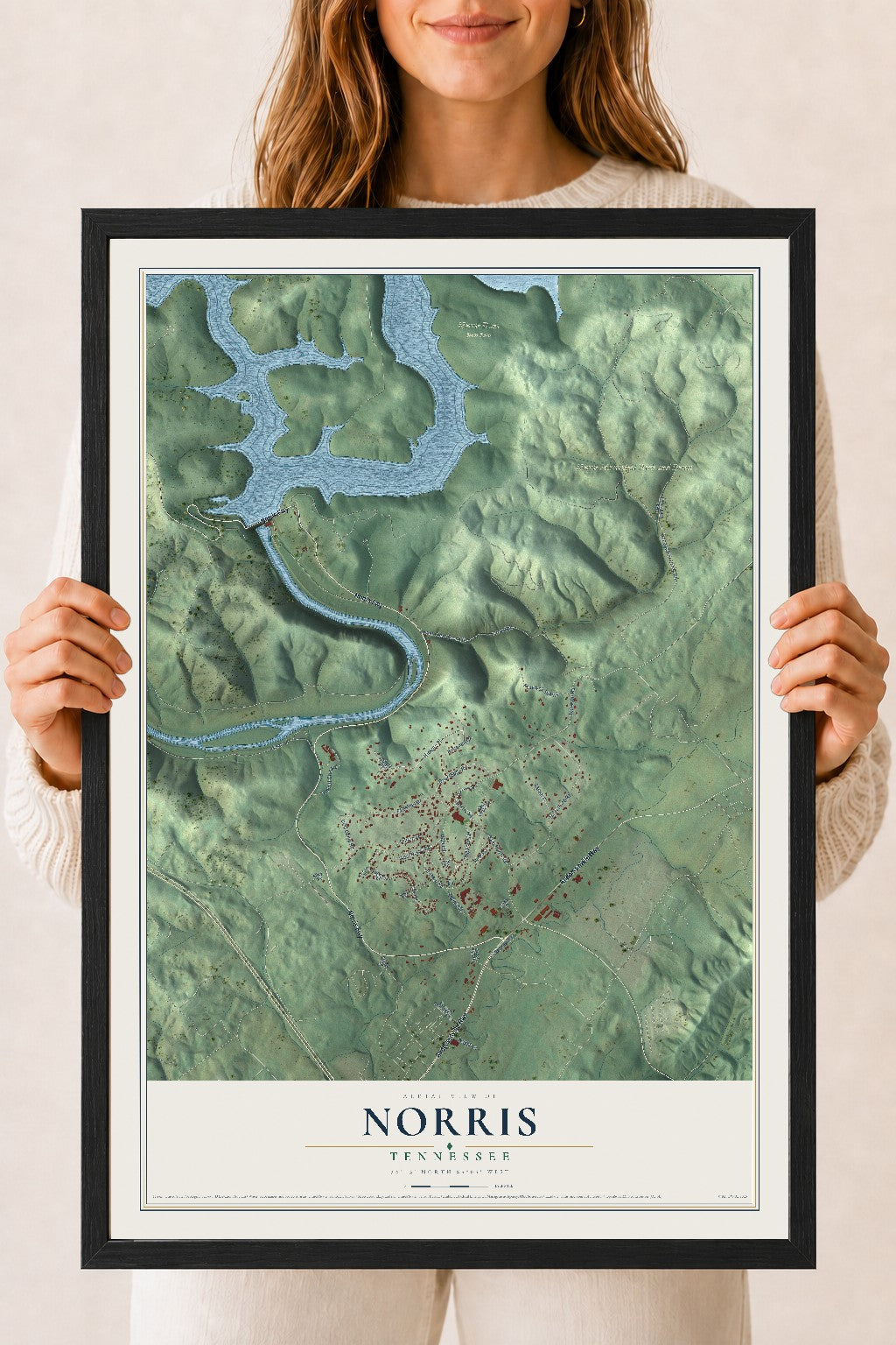 Map of Norris, Tennessee, 18 x 24 inch print in a black wood frame