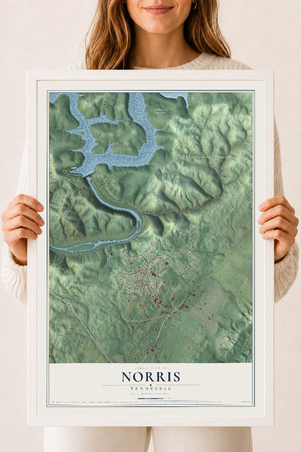 Map of Norris, Tennessee, 18 x 24 inch print in a white wood frame