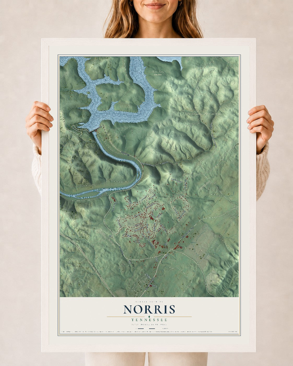 Map of Norris, Tennessee, 24 x 36 inch print in a white wood frame