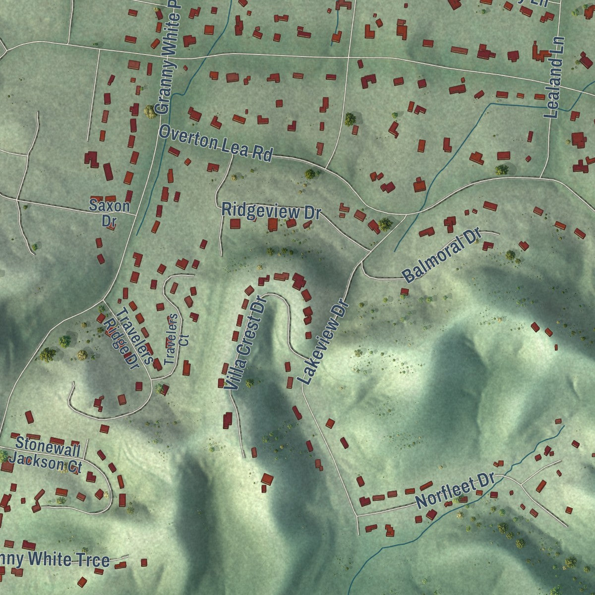 Second close-up of the map of Oak Hill, Tennessee print showing more streets and buildings